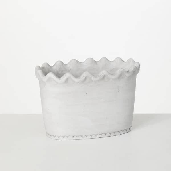 6.25" White Scalloped Edge Cement Garden Pot