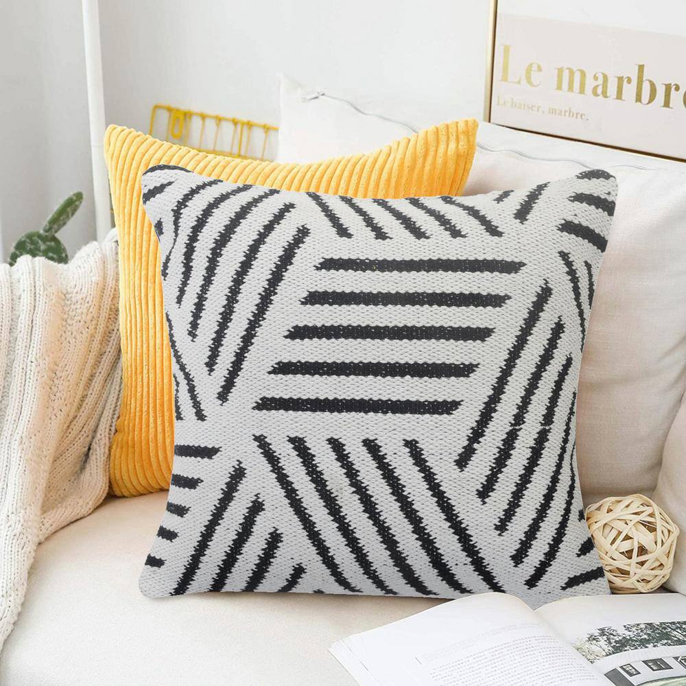 Black and White Geometric Cotton Square Pillow, 20 in