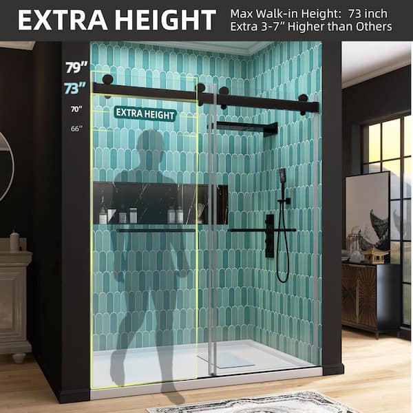 Ogonbrick 60 in. W x 79 in. H Double Sliding Frameless Shower Door in Matte Black with Soft-Closing and 3/8 in. (10 mm) Glass