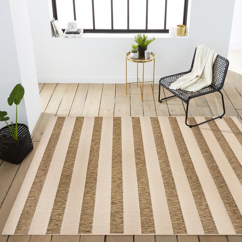 Beige and Brown Stripe Synthetic 8' x 10' Indoor/Outdoor Rug