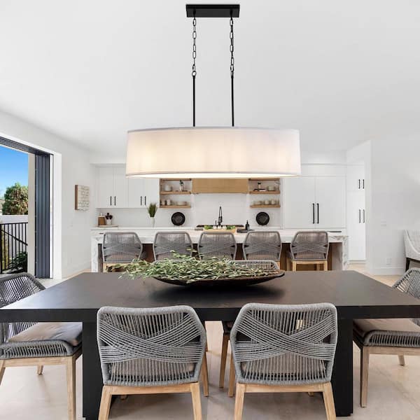 4-Light Black Ellipsoid Hanging Linear Chandelier Lighting Fixture with Cloth Shade for Kitchen Island