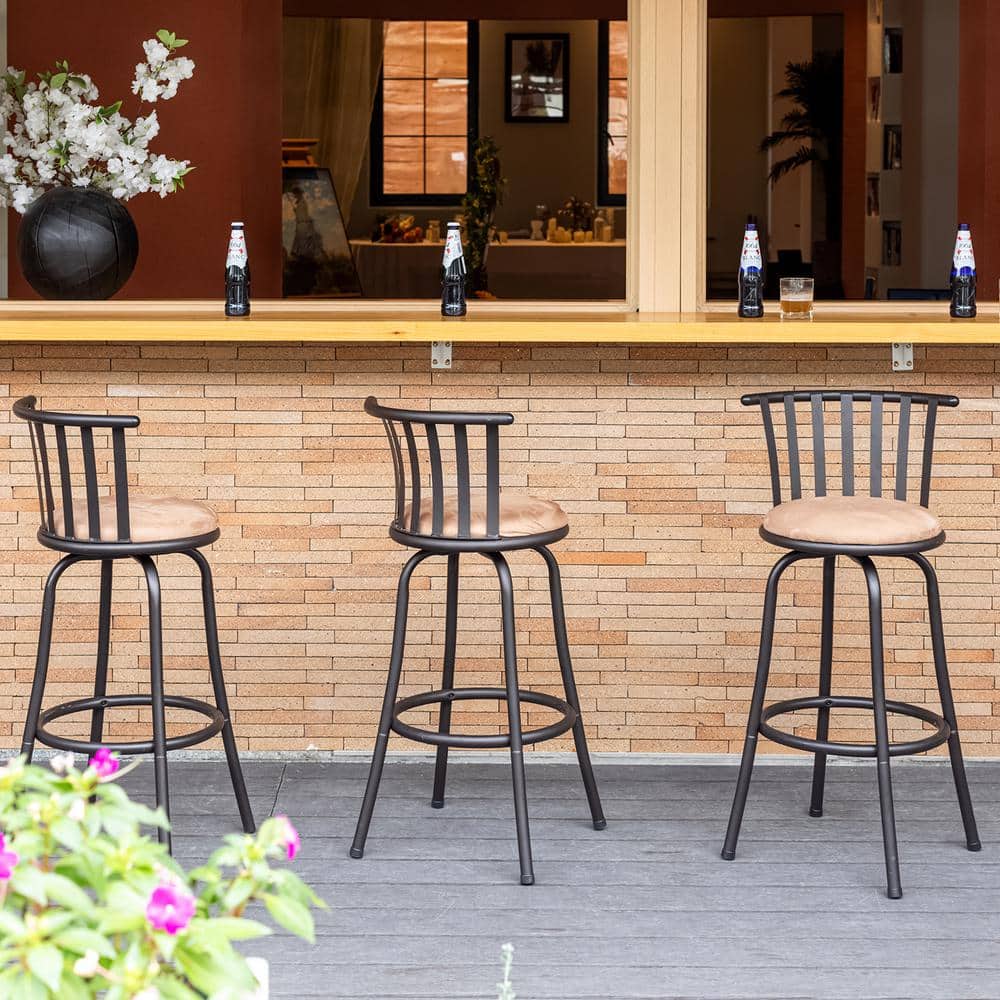 Set of 3 Beige Suede Swivel Counter Barstools with Black Metal Frame