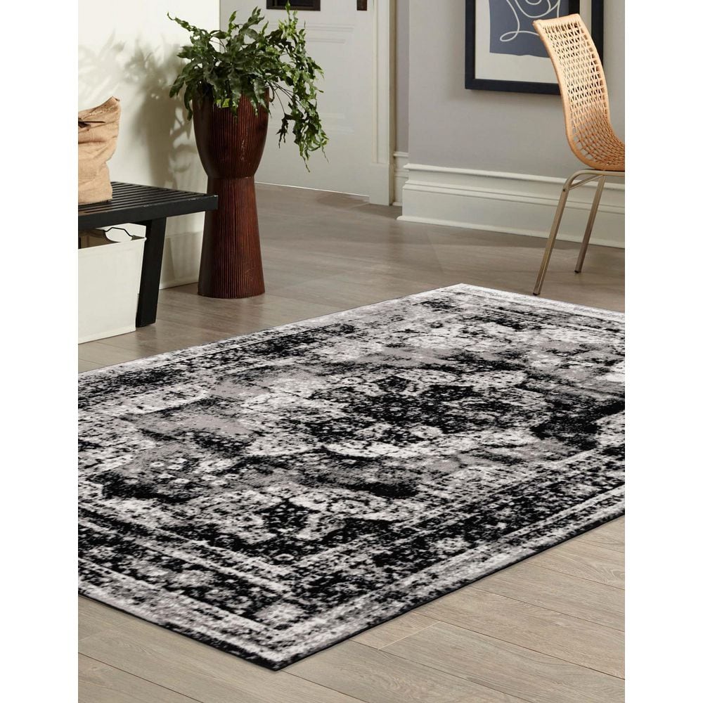 Reversible Easy-Care Synthetic Black Rectangular Rug