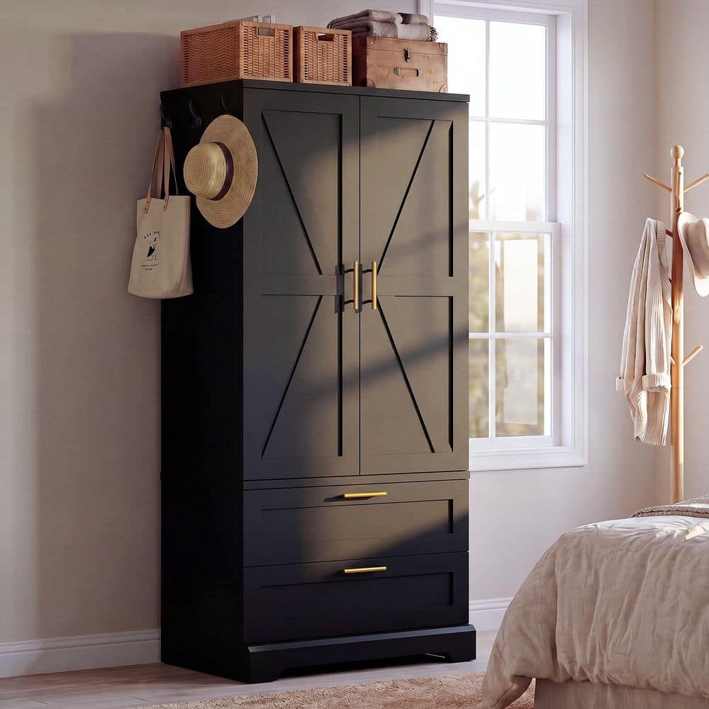 Black Farmhouse Barn Door Armoires 70.8 in. H x 31.3 in. W Wardrobe with Motion Sensor LED Light