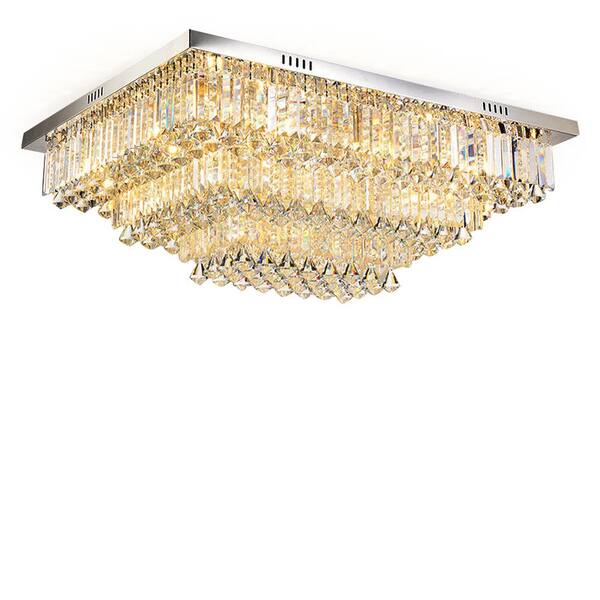 OUKANING 31.49 in. 14-Light Silver Luxury 3 Layers Crystal Flush Mount Ceiling Light for Living Room