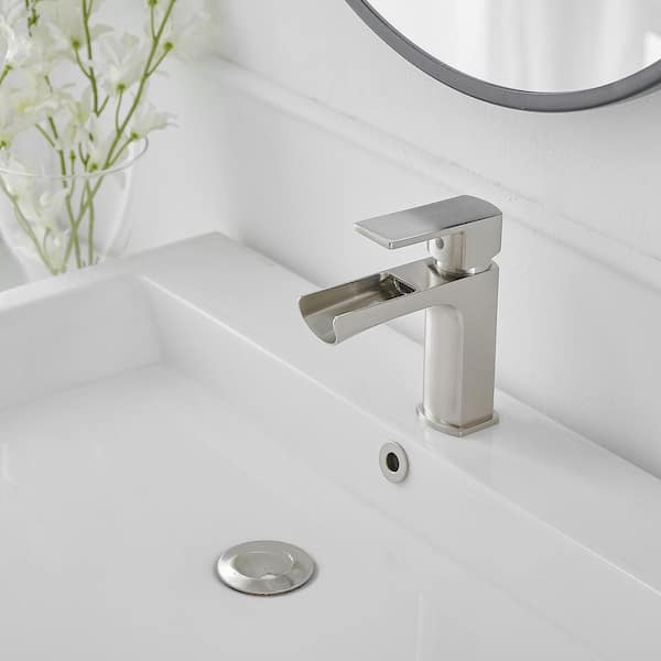 Single Handle Single Hole Bathroom Faucet with Drain Included, Waterfall Bathroom Faucet in Brushed Nickel