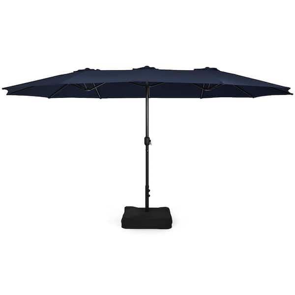 Unbranded 15 ft. Metal Double-Sided Twin Patio Market Umbrella with Crank and Base in Navy