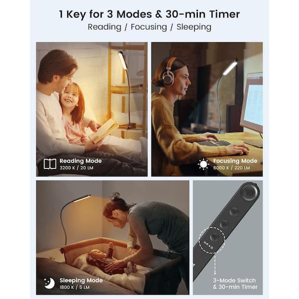 23 in. Black 5-Watt 38 LED Clip-On Desk Lamp, 5 Brightness Levels and 5 Colors, Dimmable and Flexible with Remote