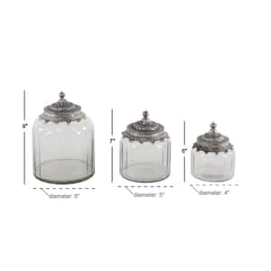 Clear Glass Decorative Jars with Engraved Silver Lids (Set of 3)