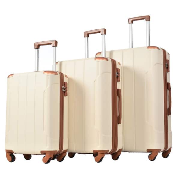 3-Piece White and Brown Hardshell Spinner Luggage Set with TSA Approved Lock, Lightweight and Telescopic Handle
