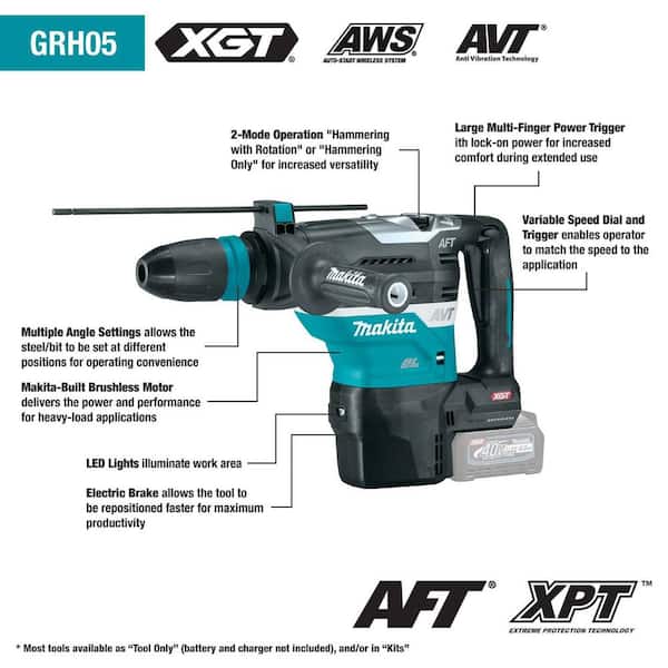 Makita 40V Max XGT Brushless Cordless 1-9/16 in. AVT Rotary Hammer Kit, AFT, AWS Capable (4.0Ah)