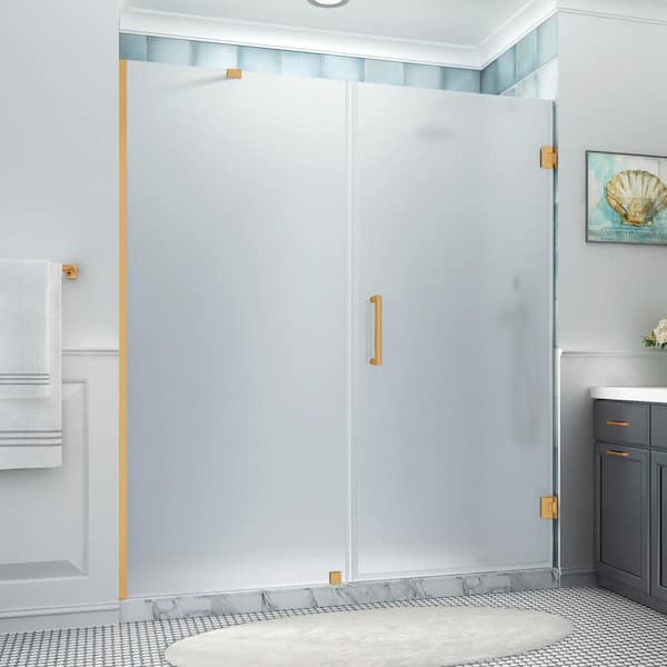 Aston Belmore XL 71.25 - 72.25 in. x 80 in. Frameless Hinged Shower Door with Ultra-Bright Frosted Glass in Brushed Gold