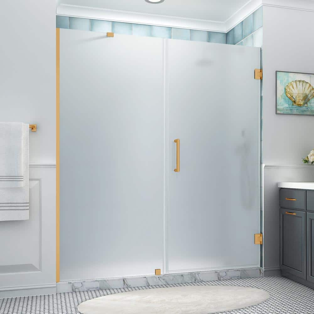 Aston Belmore XL 72.25 - 73.25 in. x 80 in. Frameless Hinged Shower Door with Ultra-Bright Frosted Glass in Brushed Gold