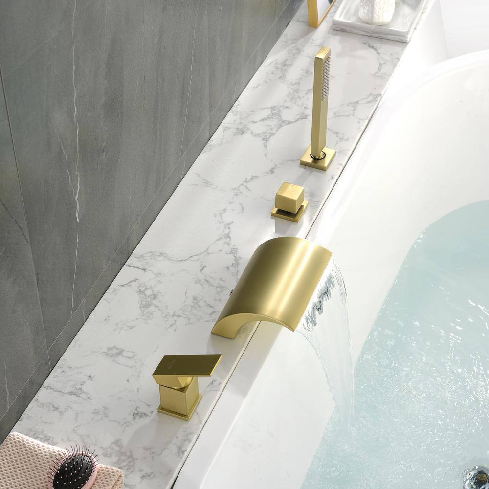 Brushed Gold Single Handle Waterfall Tub Faucet with Hand Shower
