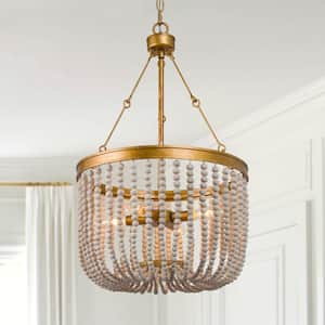 15.5 in. 4- -Light Gold Metal Chandelier with Antique White Wood Beads