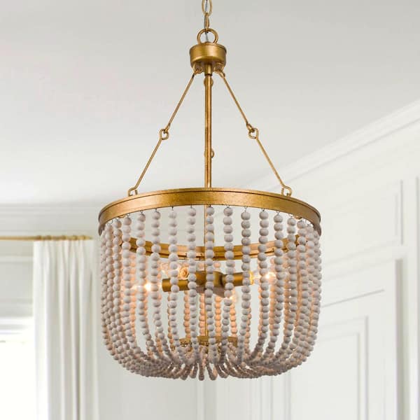 Uolfin 15.5 in. 4- -Light Gold Metal Chandelier with Antique White Wood Beads