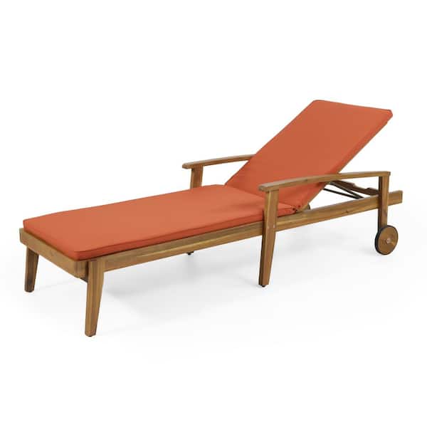 Sudzendf Wood Outdoor Chaise Lounge with Orange Cushion
