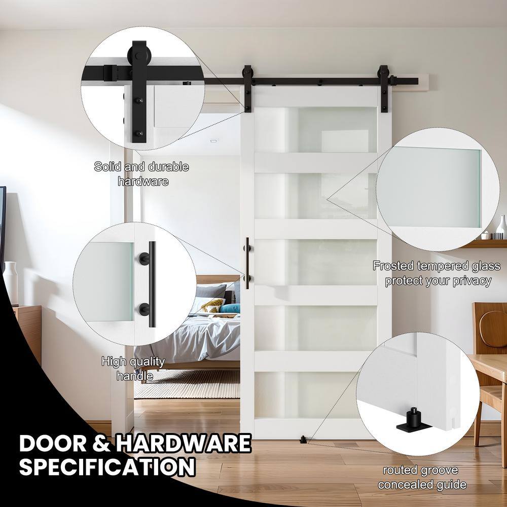White Frosted Glass Paneled MDF Barn Door Kit with Matte Black Hardware