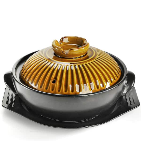 Korean Ceramic 1-Piece Black Clay Pot with Copper Lid, Handles, Trivet, Gas Electric Oven Microwave Safe, Casserole Set