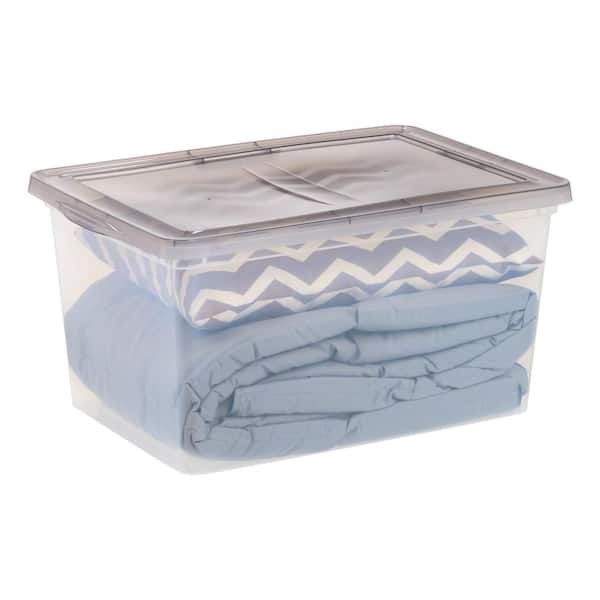 58 Qt. Snap Top Plastic Storage Box, Clear with Gray Lid
