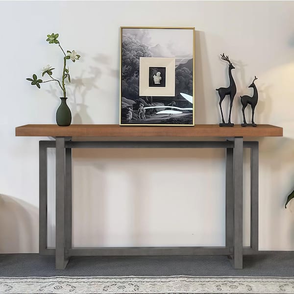 Orvellin 59.05 in. Gray and Walnut Finish Rectangle MDF Entryway Console Table Entryway Table with Triple Rectangle Base