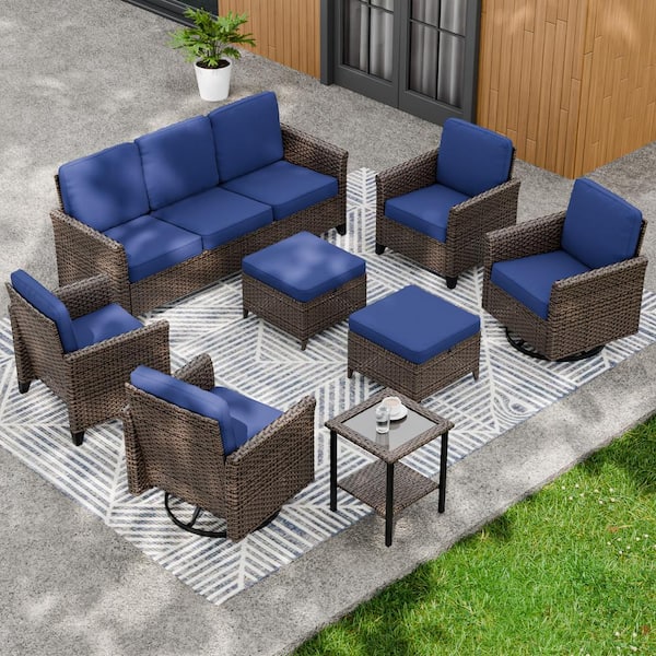 EAGLE PEAK 8-Piece Mix Brown Wicker Patio Conversation Set Wide Armrest 3-Seat Sofa Set, Blue Cushions, 2-Swivel Chairs