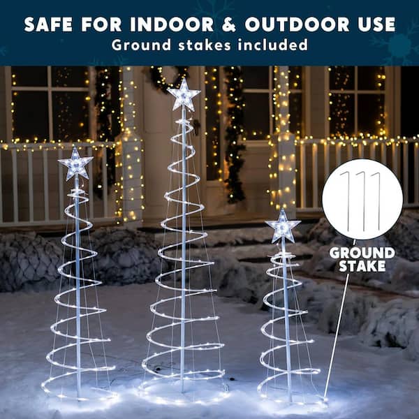 3-Packs Christmas Spiral Tree 218 Pre-Lit LED Cool White Lights with Metal Stakes