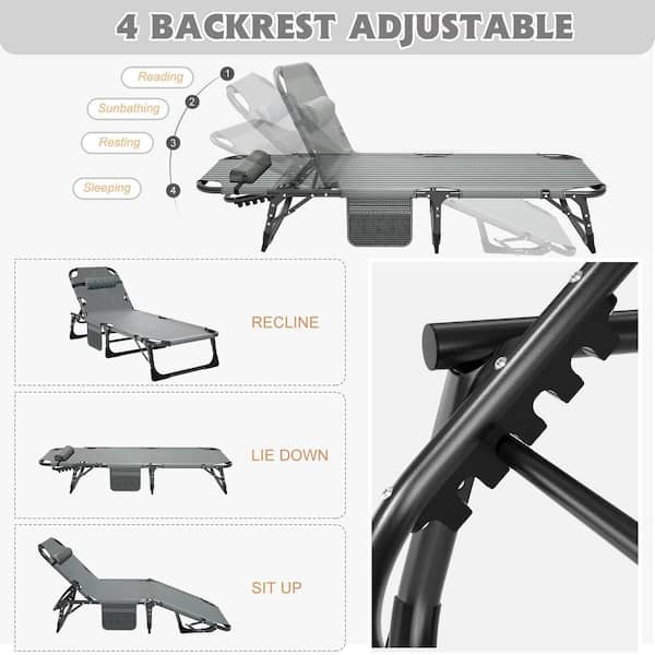 BOZTIY Folding Sleeping Cots Bed with Mattress and Pillow, Folding Camping Cot, Adjustable 4-Position Folding Lounge Chair, Gray