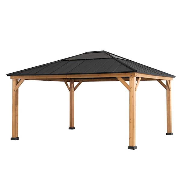 Sunjoy 13 ft. x 15 ft. Patio Cedar Framed Gazebo with Black Steel and Polycarbonate Hip Roof Hardtop