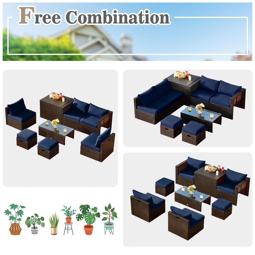 Navy 8-Piece Space-Saving Rattan Patio Furniture Set with Storage