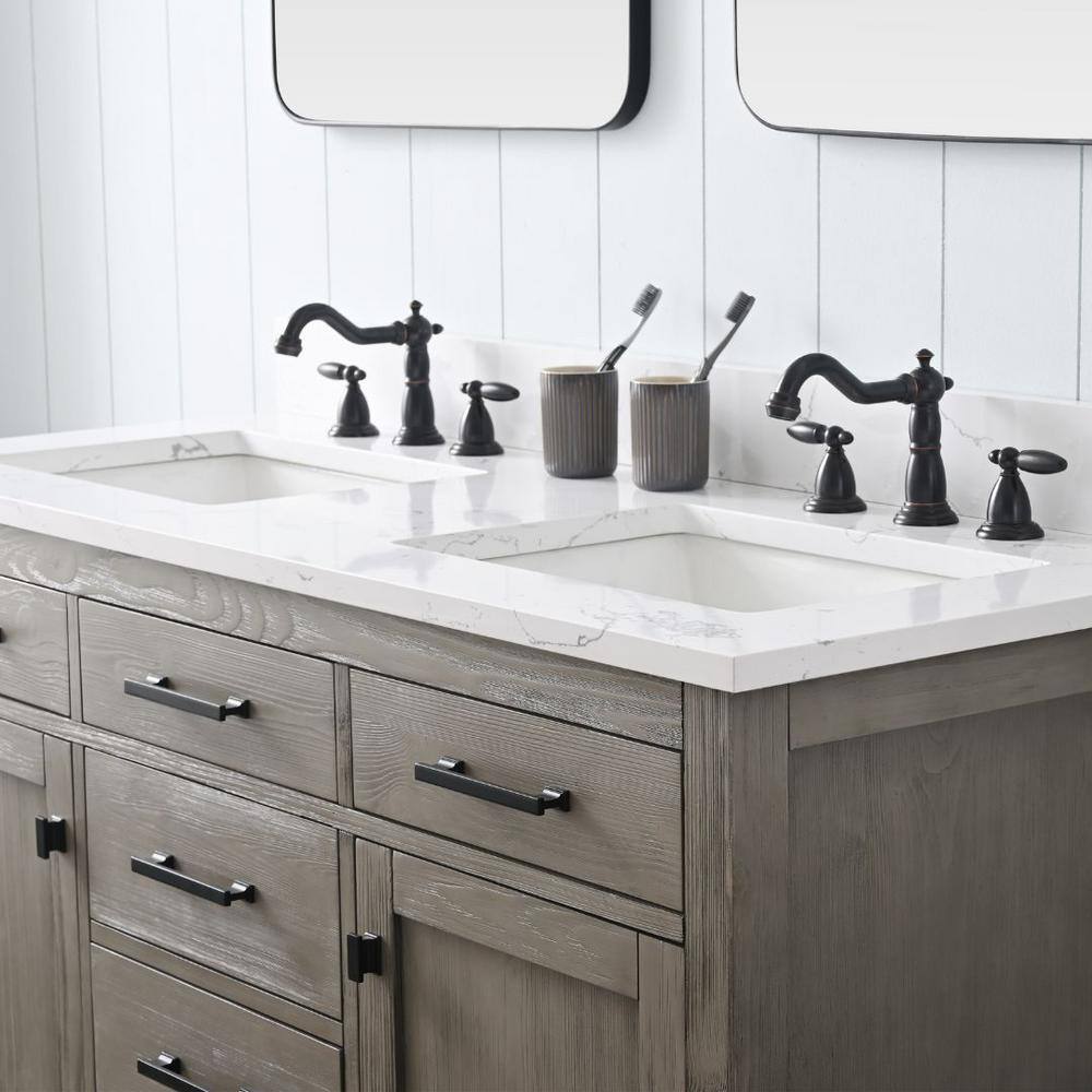 Textured Gray Double Bathroom Vanity with Carrara White Top