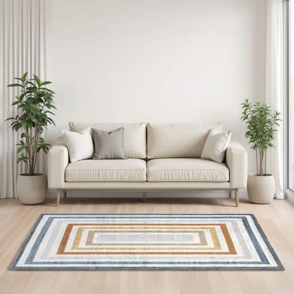 Lilac Striped Bordered Washable Multicolor 7 ft. x 9 ft. Indoor Area Rug