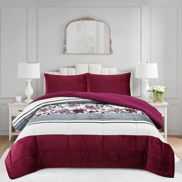 MarCielo ME530 Red Floral King Size Polyester Micromink Sherpa Comforter Set