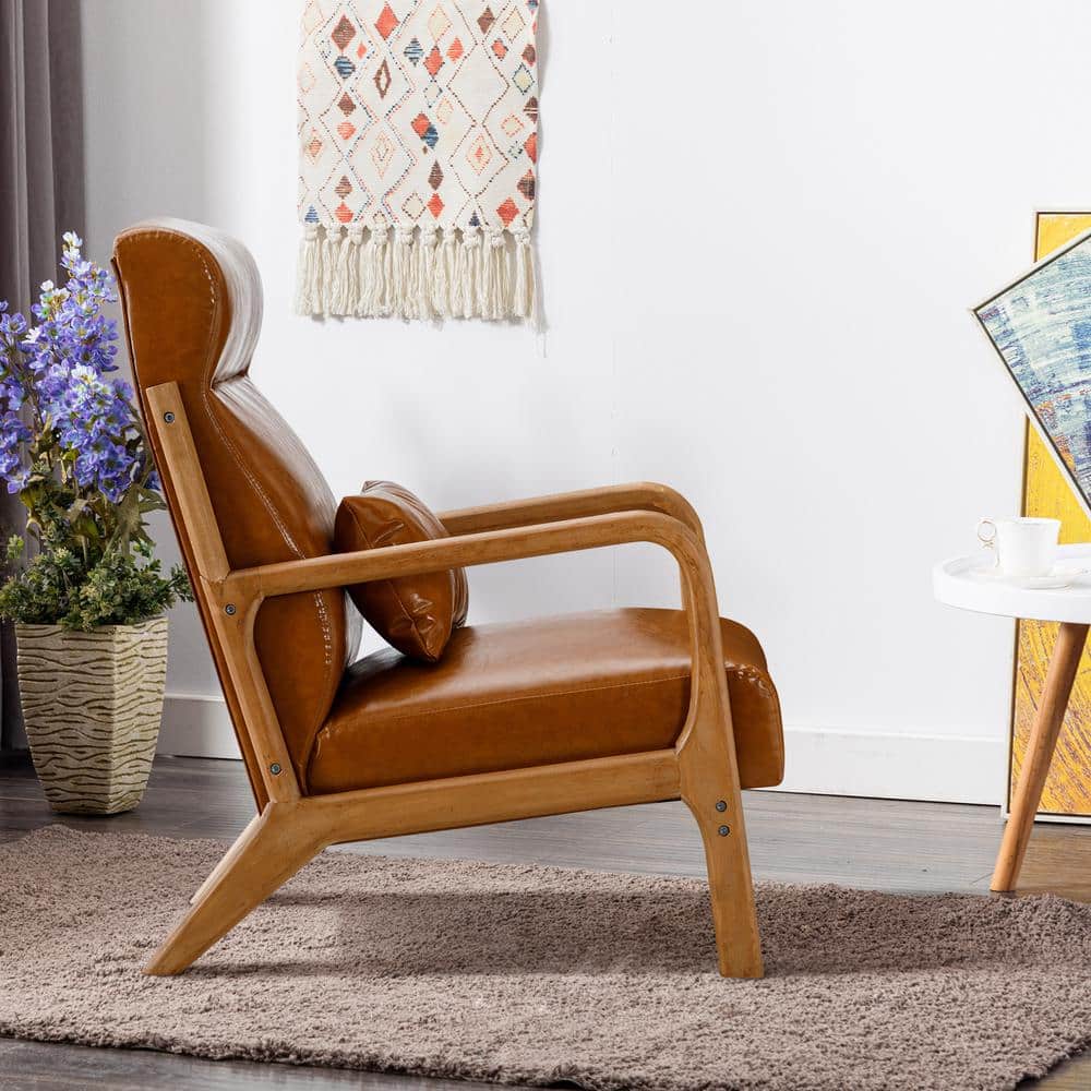 Camel Faux Leather Barrel Accent Chair with Wood Frame