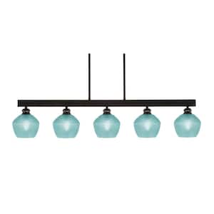 Albany 60-Watt 5-Light Espresso Linear Pendant Light with Turquoise Textured Glass Shades and No Bulbs Included
