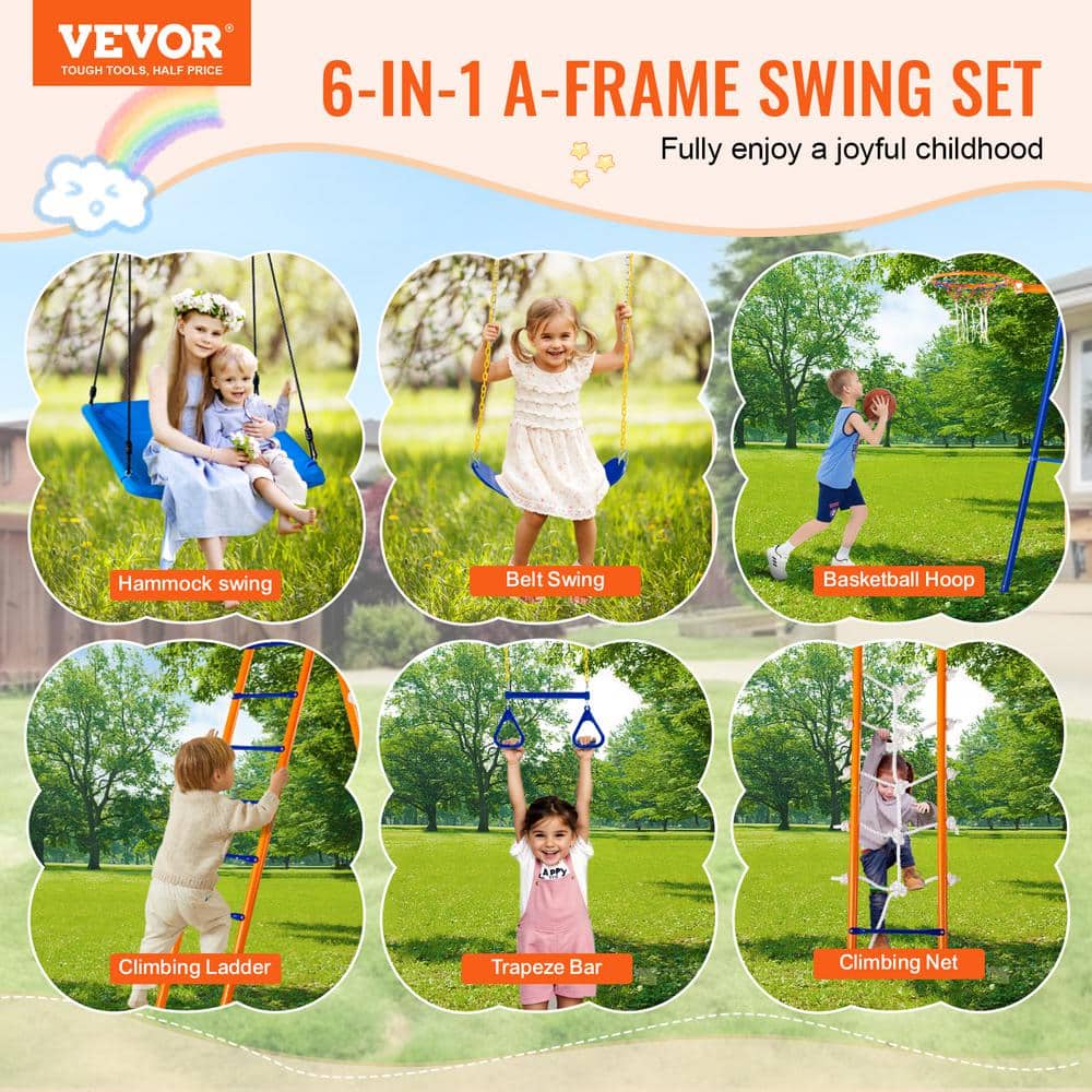 Orange and Blue 6-in-1 Metal Swing Set with Climbing Net