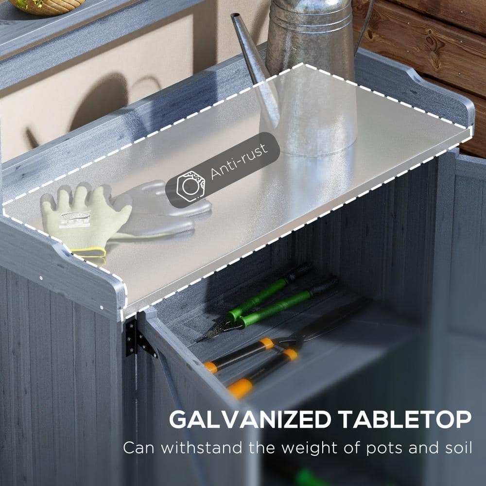 Gray Wooden Potting Bench with Storage Cabinet and Shelves