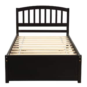 Espresso Twin Size Platform Bed Frame with Trundle, Wooden Bed Frame with Trundle Bed for Kids, No Box Spring Needed