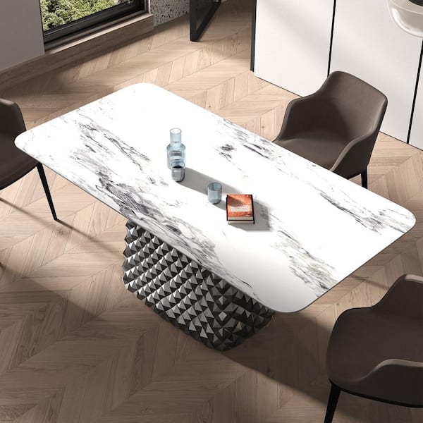 Modern Rectangle Jade White Patek Philippe Stone Top 55.12" Stainless Steel Ripple Mirror Pedestal Dining Table (4Seats)