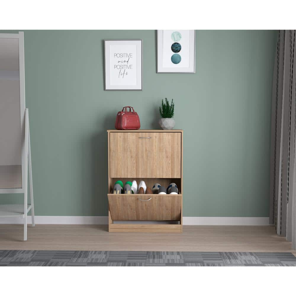 Amaretto Oak 12-Pair Shoe Storage Cabinet with Tilt-Out Drawers