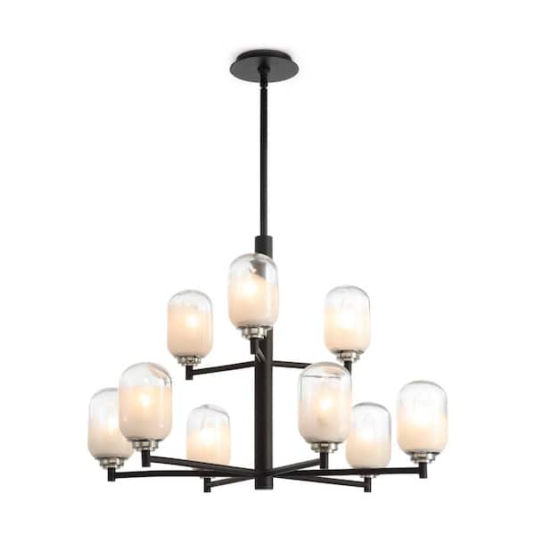 Vidalite Seren 29 in. W 9-Light Matte Black Chandelier with Handmade Glass Shades-Modern Round Pendant Chandelier