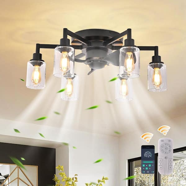 26.37 in. Indoor Black Modern Reversible Flush Mount Ceiling Fan with Glass Shade and Remote Included for Foyer Bedroom