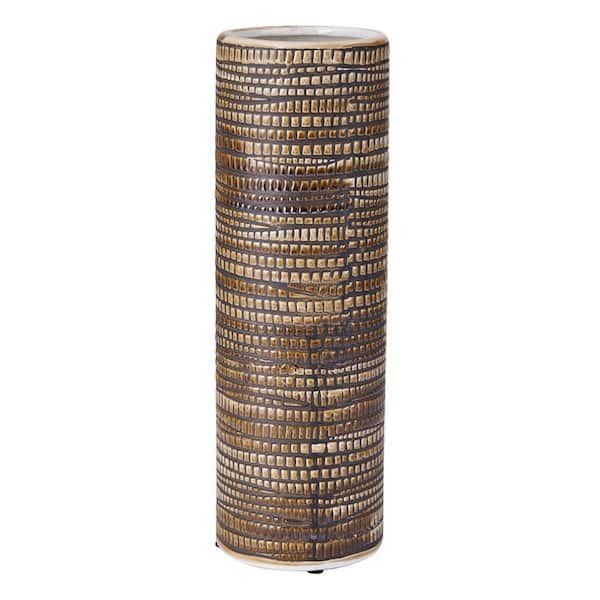 Elements 4.53x4.53x14 Inch Textured Ceramic Cylinder Vase, Black and White
