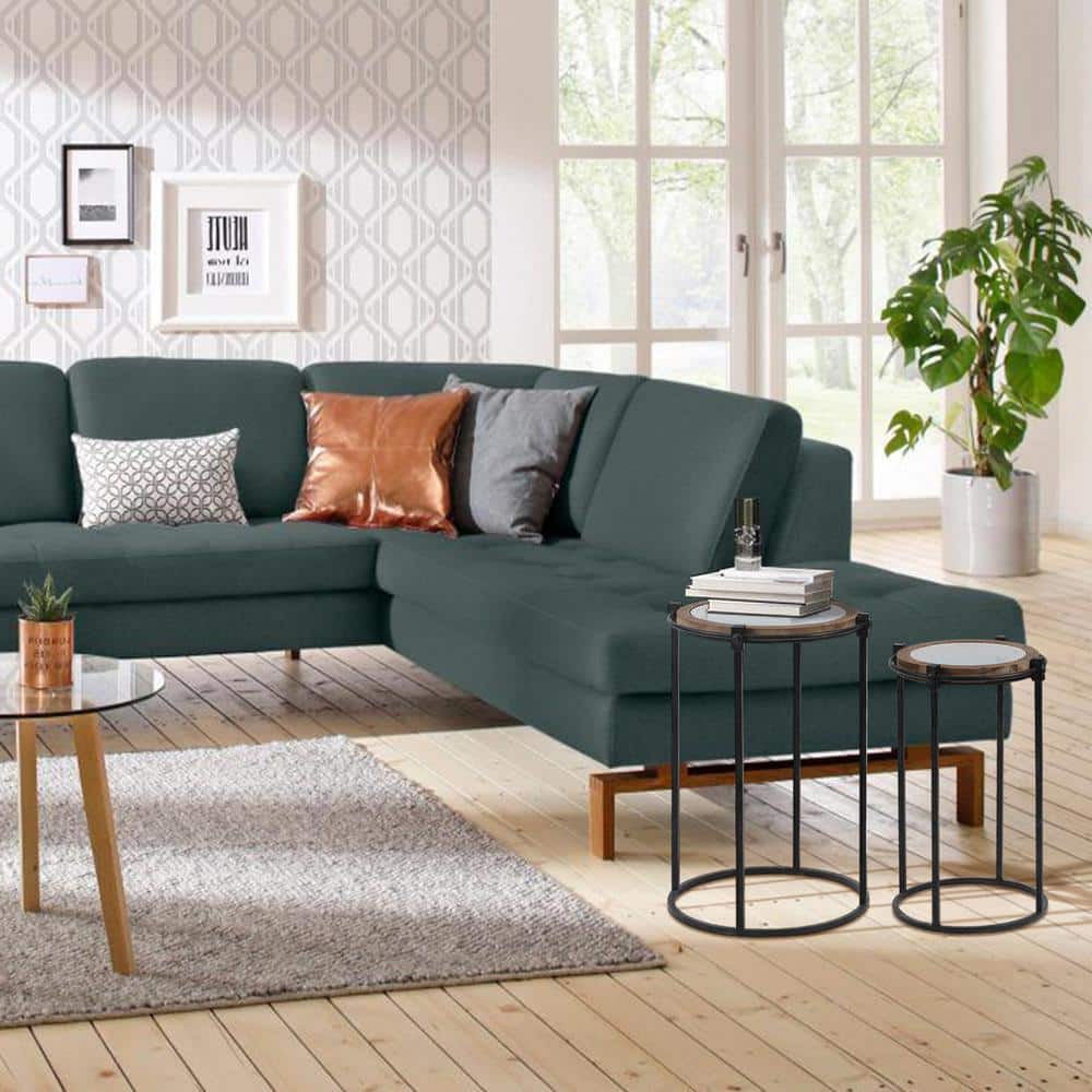 LuxenHome 2-Piece Black Metal and Glass Round Accent Tables
