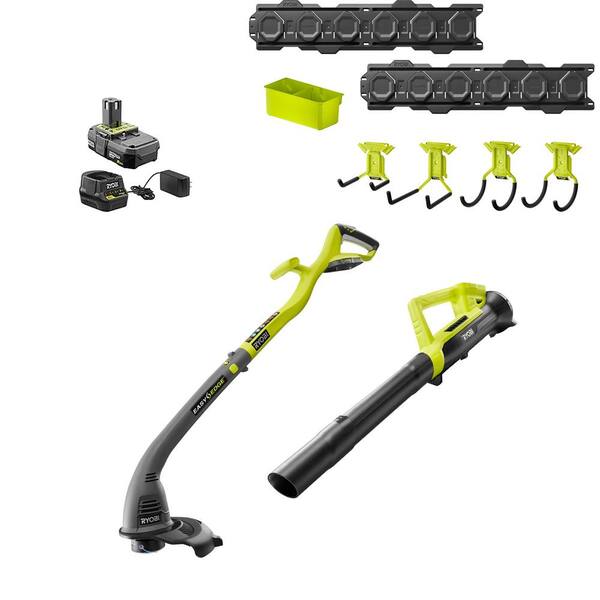 RYOBI ONE+ 18V Cordless String Trimmer/Edger and Blower/Sweeper Combo Kit w/LINK Wall Storage Kit- 2.0 Ah Battery & Charger
