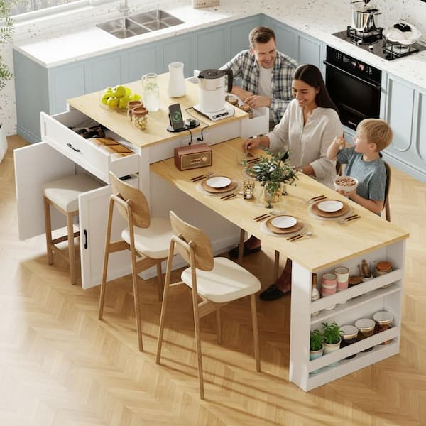 Runesay White and Oak Wood 82.7 in. W Power Outlet Kitchen Island Two-tone Kitchen Table with 2-Drawer and 2-Side Open Shelf
