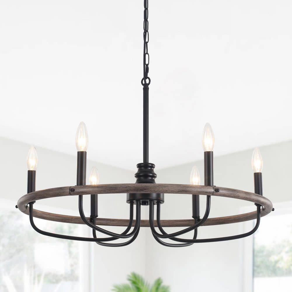 Rustic Farmhouse 26.7 in. 6-Light Black and Imitation Wood Grain Metal Round Wagon Wheel Chandelier for Kitchen Island price history on PriceWatchPro