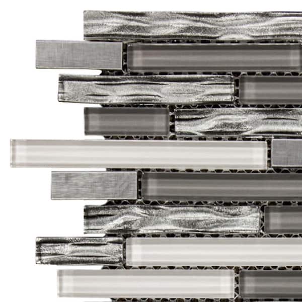 Take Home Tile Sample - Waves of Grey/Silver 4.75 in. x 4.5 in. Interlocking Glossy Glass/Metal Mosaic