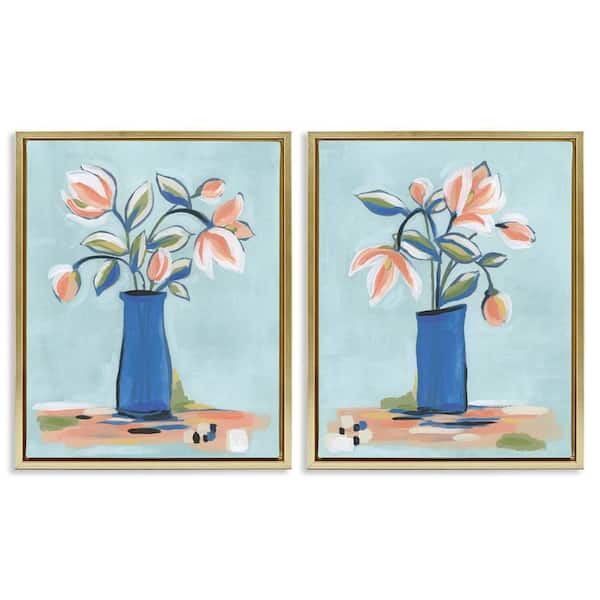 Blue and Peach Flowers by June Erica Vess 2-Pieces Gold Floater Frame Nature Graphic Art Print 31 in. x 25 in.