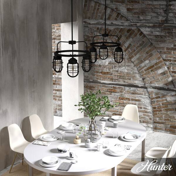 Hunter Starklake 3-Light Natural Iron Wagon Wheel Chandelier with Caged Metal Shades